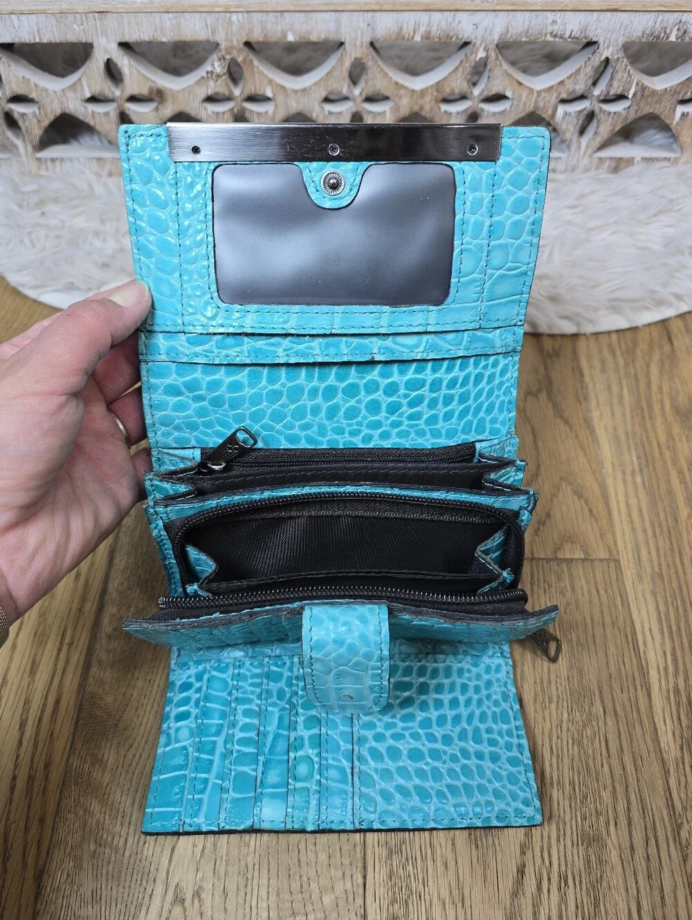 Patricia Nash Turquoise Croc Embossed Tri Fold Wallet